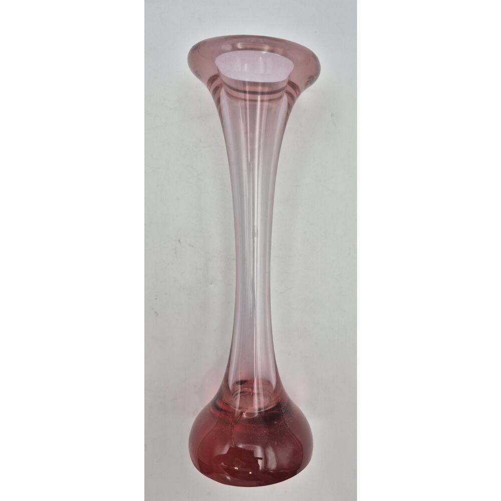 Vintage Cranberry Art Glass Bud Vase 10" Clear Stem Colored Base/Rim Smooth Base
